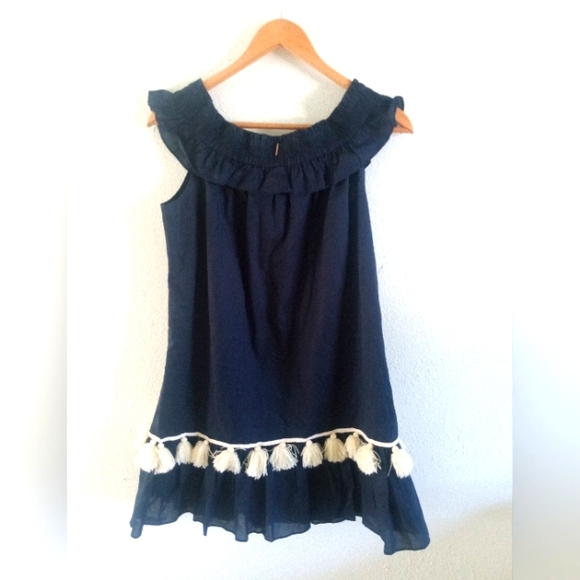 MISA Los Angeles 'GIA' Off Shoulder Navy Blue Tasseled Mini Dress | S - Picture 6 of 7